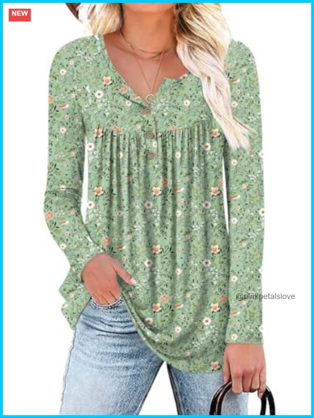 Womens Tunic Top Long Sleeve Henley Neck Button Up Peasant Blouse Loose Fit